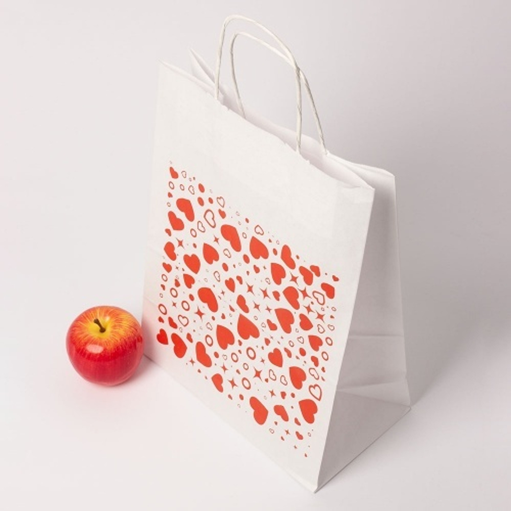 Пакеты бумажные, 26x35x14, "Сердечки и звездочки", белый