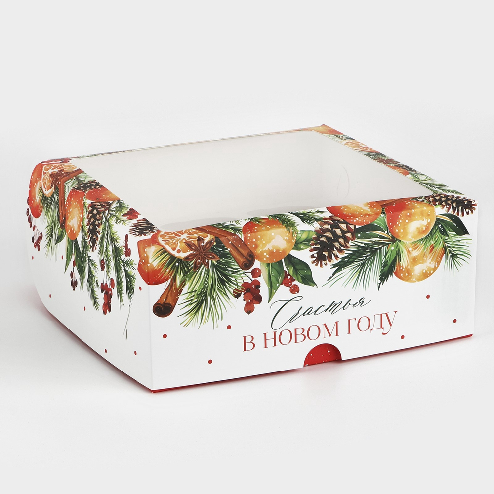 Коробка для капкейков и бенто торта "Счастья в Новом Году" венок 25*25*10 см