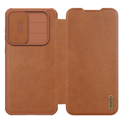 Кожаный чехол книжка коричневого цвета от Nillkin для Samsung Galaxy A56 5G, серия Qin Pro Leather с защитной шторкой для камеры