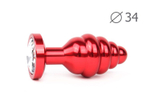 Коническая ребристая красная анальная втулка с прозрачным кристаллом - 8 см. (Цвет: прозрачный)