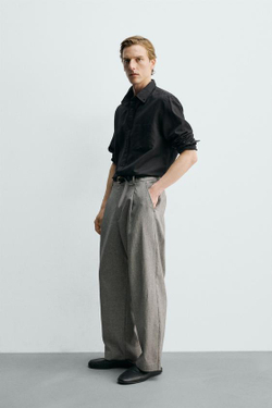 ZARA БРЮКИ RELAXED FIT ИЗО ЛЬНА И ХЛОПКА, ЭКРЮ/ЧЕРНЫЙ