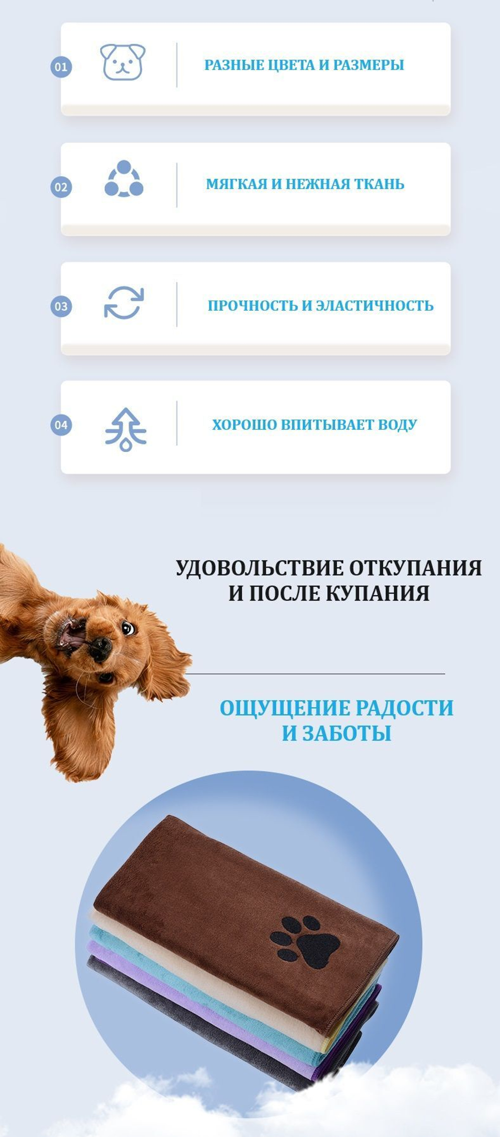 Полотенце для животных, собак и кошек из микрофибры супервпитывающее, синее, 100 50