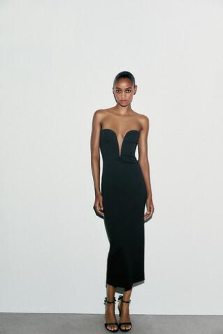 ZARA ПЛАТЬЕ МИДИ С ВЫРЕЗОМ СЕРДЕЧКОМ, ЧЕРНЫЙ