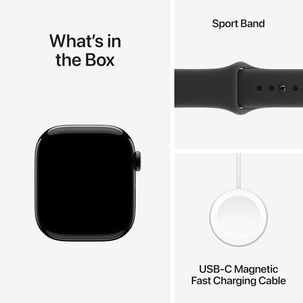 Умные часы Apple Watch Series 11 46 мм из алюминия цвета «чёрный глянец», спортивный ремешок черного цвета (M/L)
