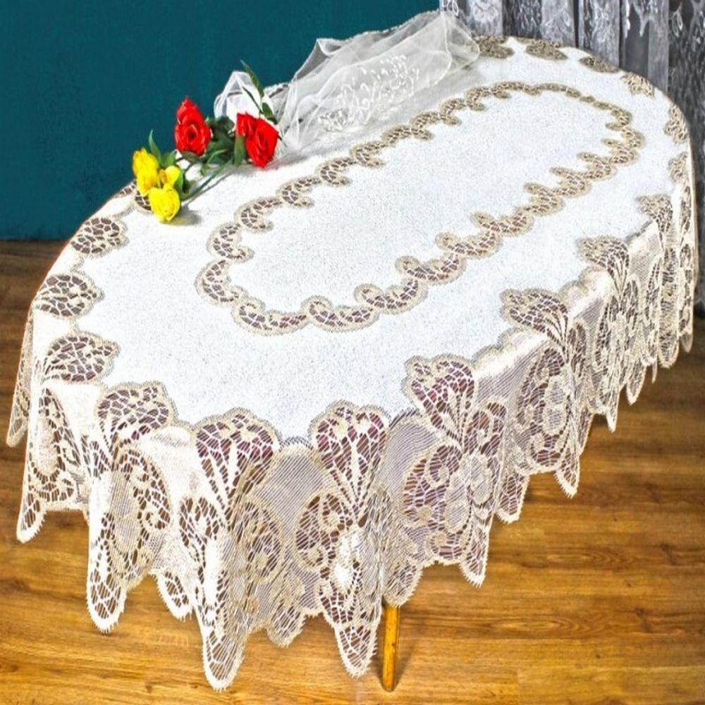 Скатерть жаккардовая овальная, 140*220 см, цвет кремово-золотистый, Польша.