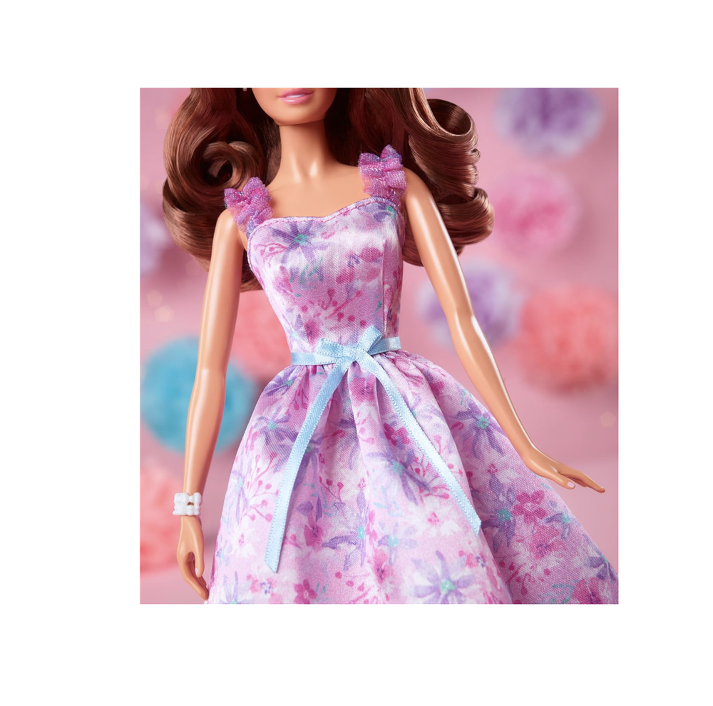 Кукла Barbie Signature с поздравлениями на день рождения, коллекционная, в атласном сиреневом платье, с волнистыми каштановыми волосами, в подарочной упаковке