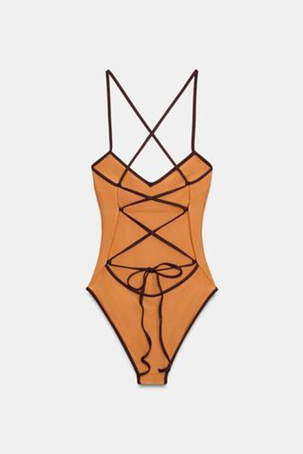 ZARA АТЛАСНЫЙ КУПАЛЬНИК С КОНТРАСТНЫМИ ДЕТАЛЯМИ, ЦВЕТ ЖЖЕНОГО АПЕЛЬСИНА