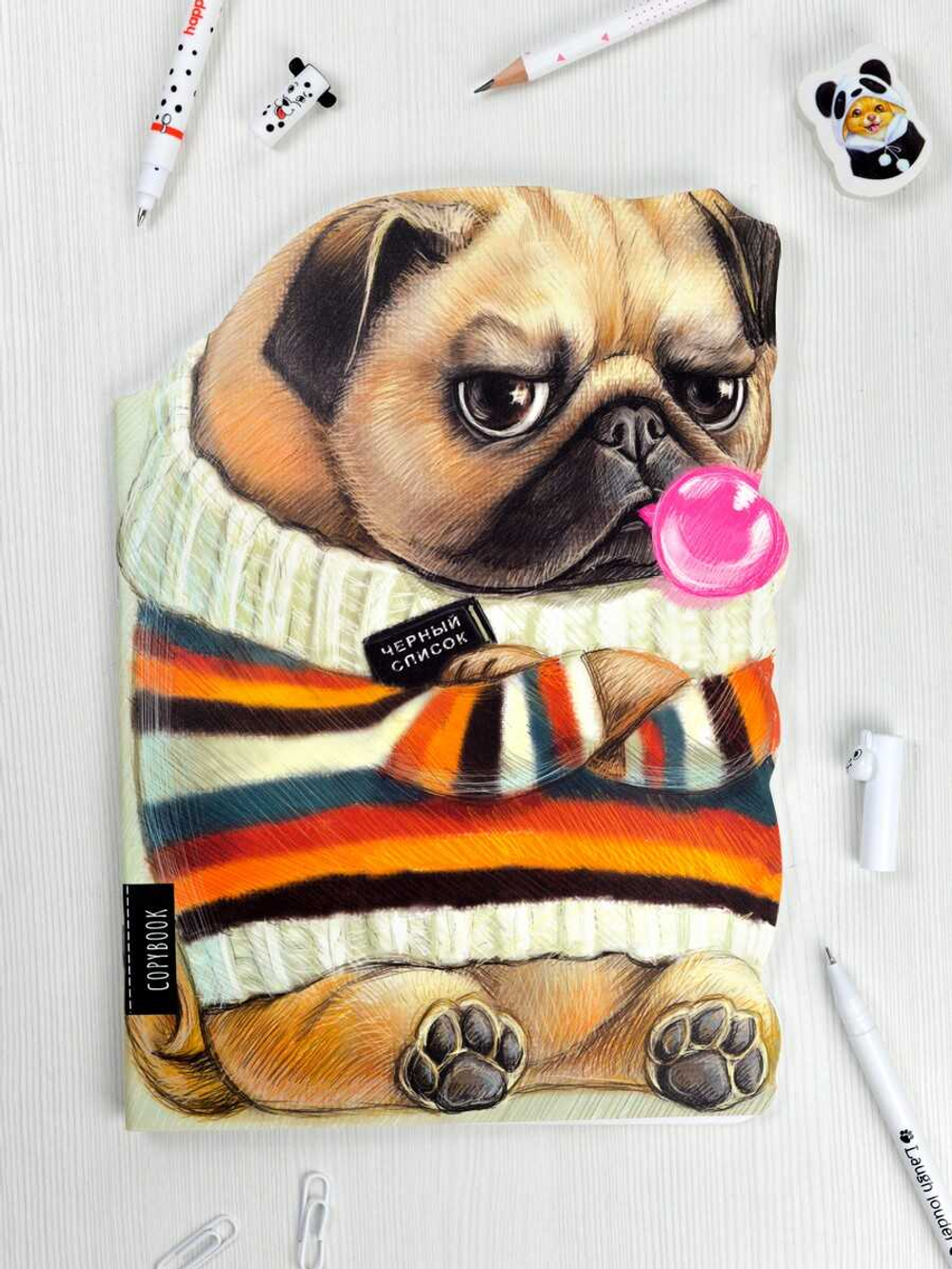 Тетрадь 40л арт. 62328/25/ГРОЗНЫЙ МОПС /180х255 мм, фигурная вырубка, мягкий переплёт (2 скобы). вн.блок - белый офсет, точка. Обложка - мелованный картон 190 г/м²,