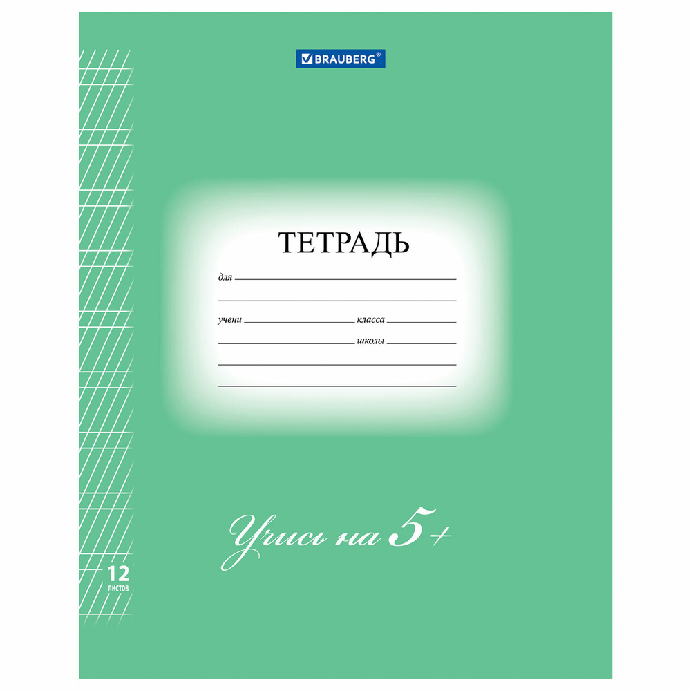 Тетрадь 12 л. BRAUBERG ЭКО "5-КА" частая косая линия обложка плотная мелованная бумага зеленая (50 штук в упаковке)