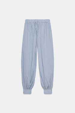 ZARA БРЮКИ-БАГГИ ИЗ ПОПЛИНА В ПОЛОСКУ, СИНИЙ/БЕЛЫЙ