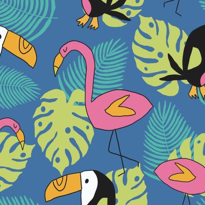 летний тропический паттерн с фламинго и туканом