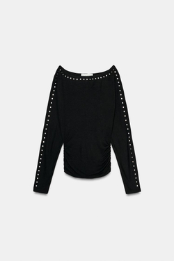 ZARA ФУТБОЛКА С ДЛИННЫМИ РУКАВАМИ И ЗАКЛЕПКАМИ, ЧЕРНЫЙ