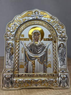 Покрова, икона арочная с рамкой, белое дерево 206х270