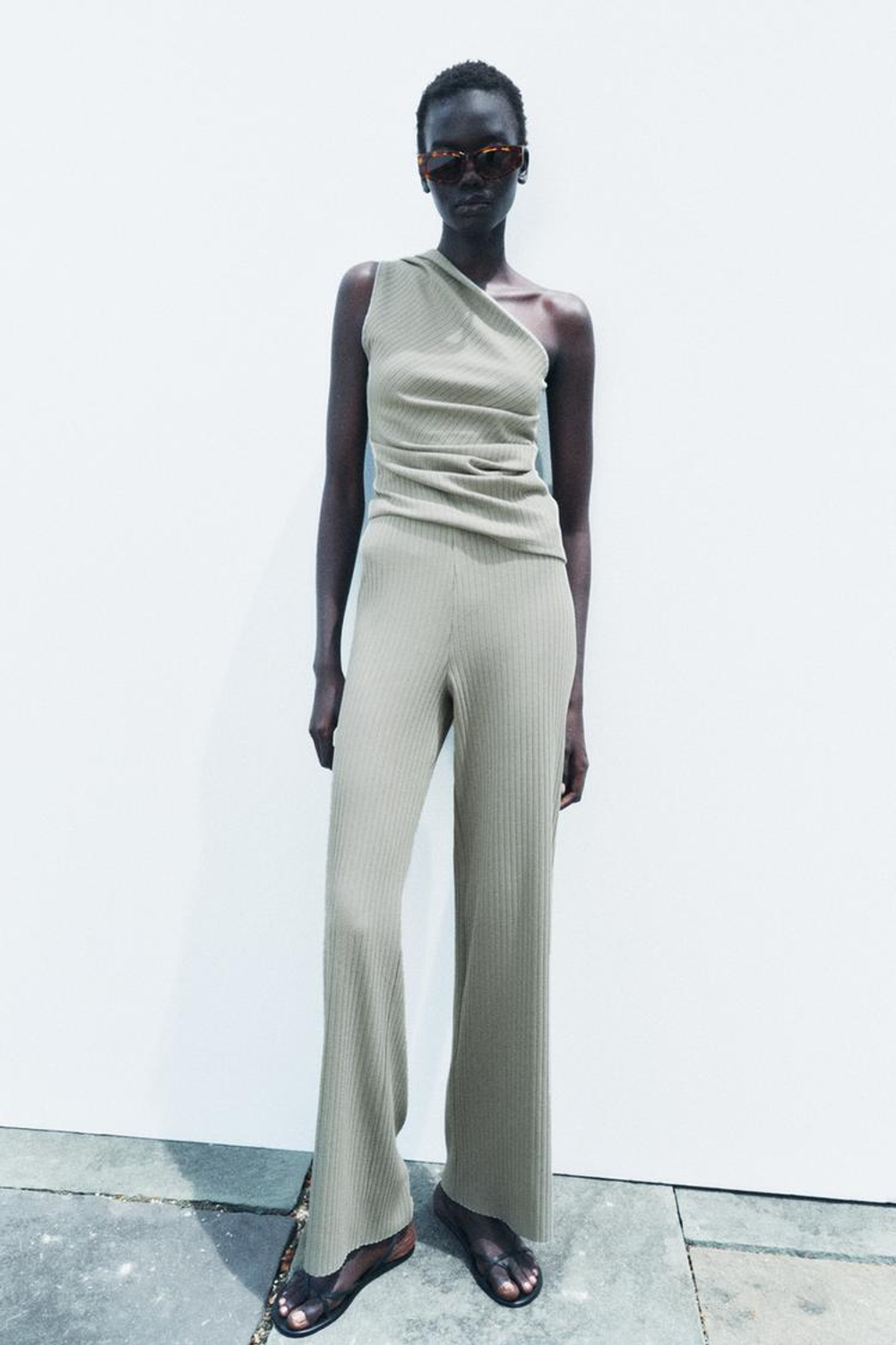 ZARA ТОП АСИММЕТРИЧНОГО КРОЯ В РУБЧИК, СВЕТЛЫЙ ХАКИ