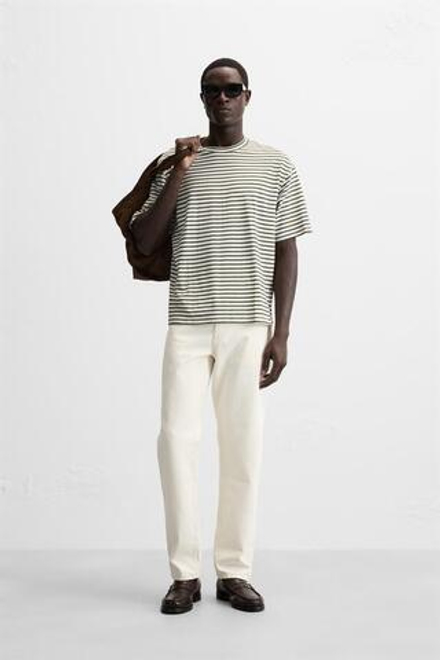 ZARA ФУТБОЛКА В ПОЛОСКУ, ЭКРЮ/ЗЕЛЕНЫЙ