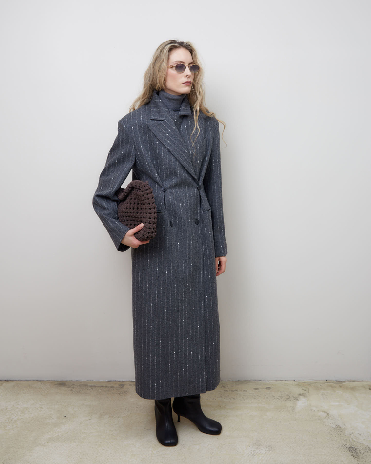 Пальто с дополнительными петлями из шерсти Стелла Маккартни полоска серый