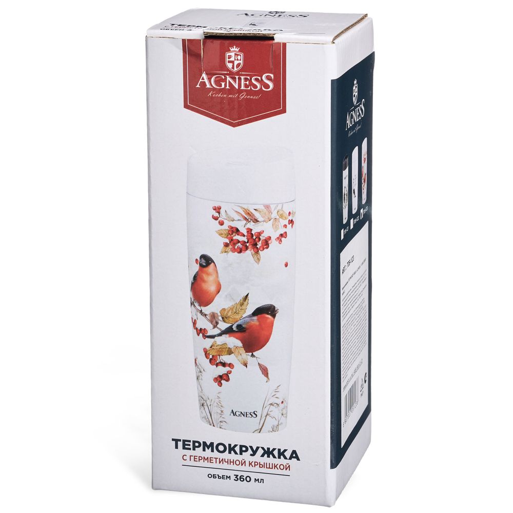 ТЕРМОКРУЖКА AGNESS "СНЕГИРИ" 360МЛ, КОЛБА НЕРЖ.СТАЛЬ 18/10