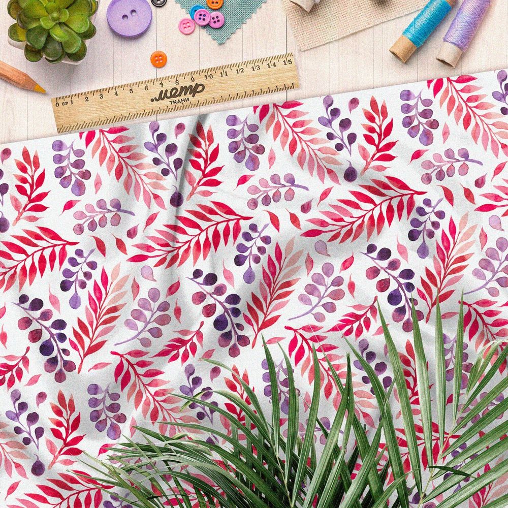 Ткань сатин розовые фиолетовые листья стемпинг