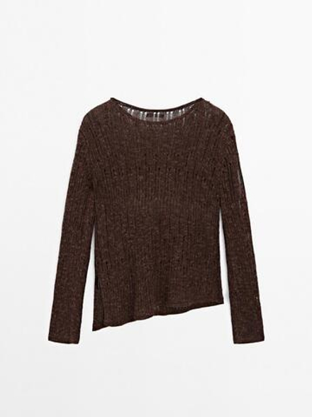 Massimo Dutti Асимметричный свитер ажурной вязки, пестро-коричневый