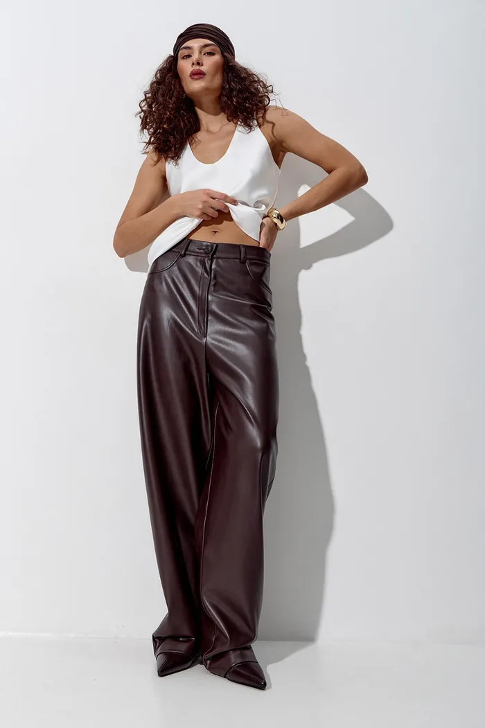 Брюки Baggy из экокожи шоколадного цвета