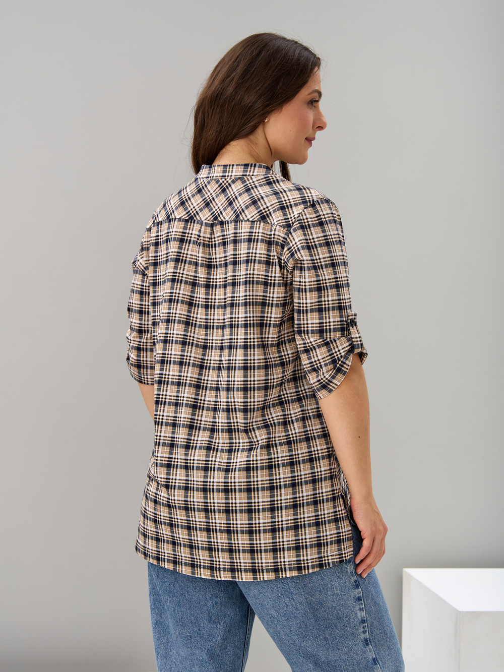 Блузка БЛ-131/клетка-бежевосиняя