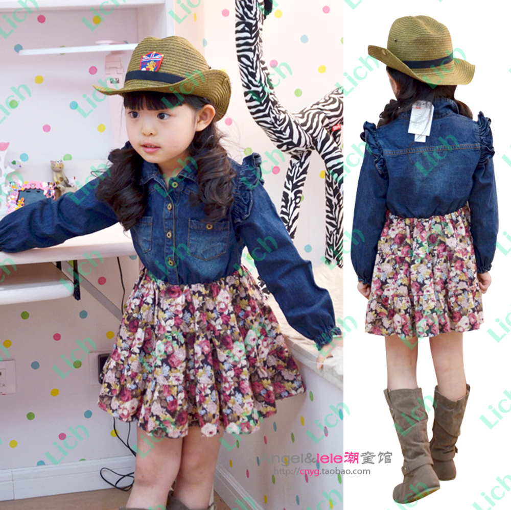 Платье детское с джинсовой рубашкой и юбкой с цветочным принтом