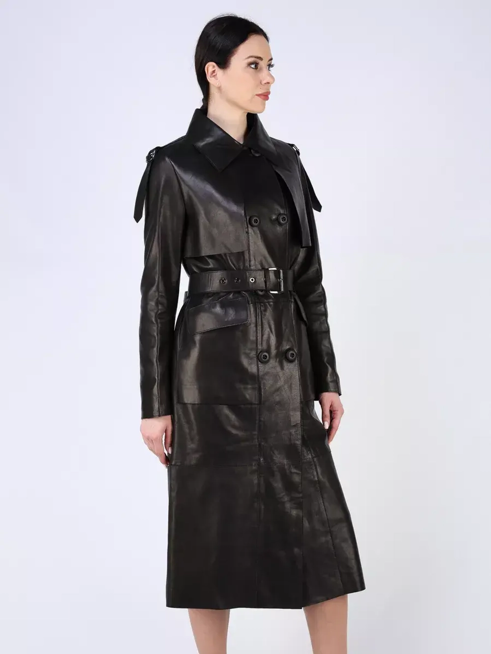 Кожаный тренч длинный с поясом плащ на осень