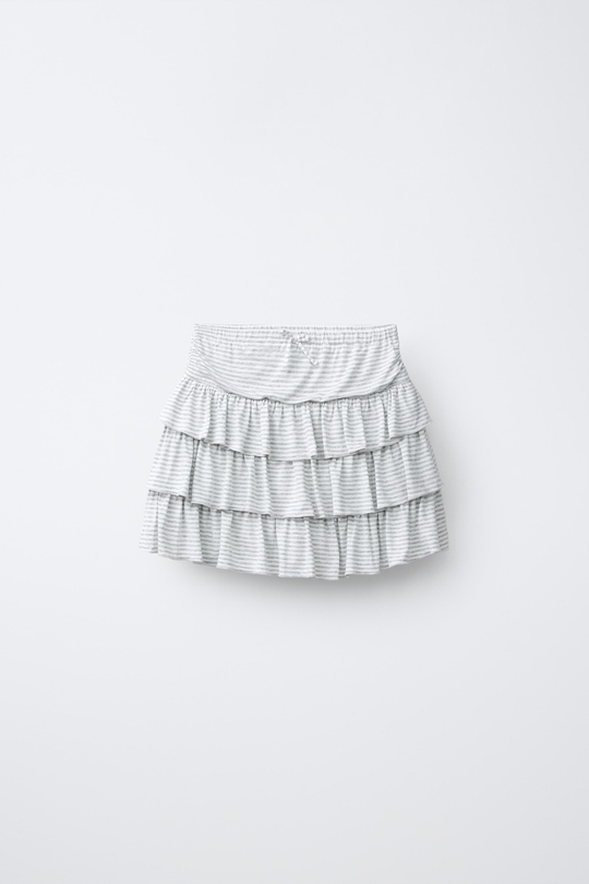 ZARA ЮБКА В ПОЛОСКУ С ВОЛАНАМИ, СЕРЫЙ МЕЛАНЖ