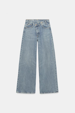 ZARA ДЖИНСЫ TRF WIDE LEG С ПЕРЕКРЕСТНОЙ ТАЛИЕЙ И ВЫСОКОЙ ПОСАДКОЙ, ВЫЦВЕТШИЙ СИНИЙ