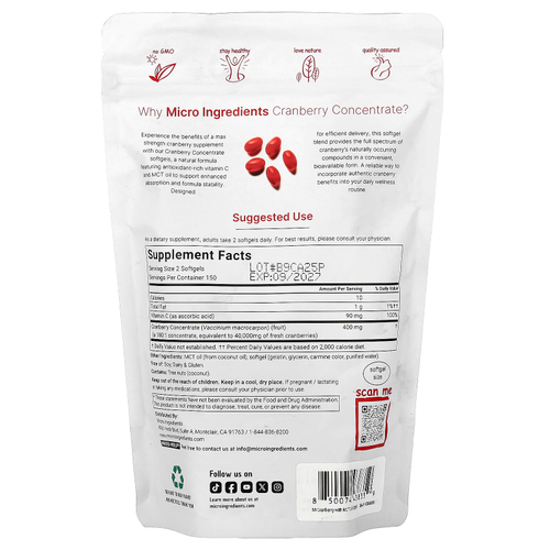 Micro Ingredients, клюквенный концентрат с витамином C, 300 капсул