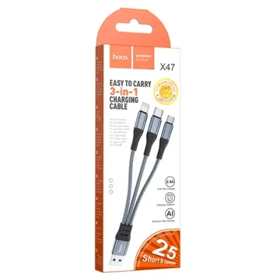 Кабель Hoco X47 (USB) 3 в 1 Lightning/Micro USB/Type-C 25см 2.4A (серый)