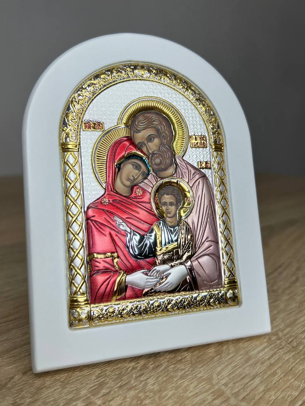 Св. Семейство, икона арочная, белое дерево, эмаль 105х140