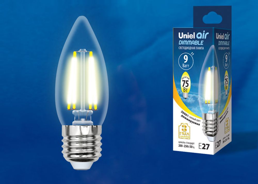 LED-C35-9W/3000K/E27/CL/DIM GLA01TR Лампа светодиодная диммируемая. Форма свеча, прозрачная. Серия Air. Теплый белый свет (3000K). Картон. ТМ Uniel.