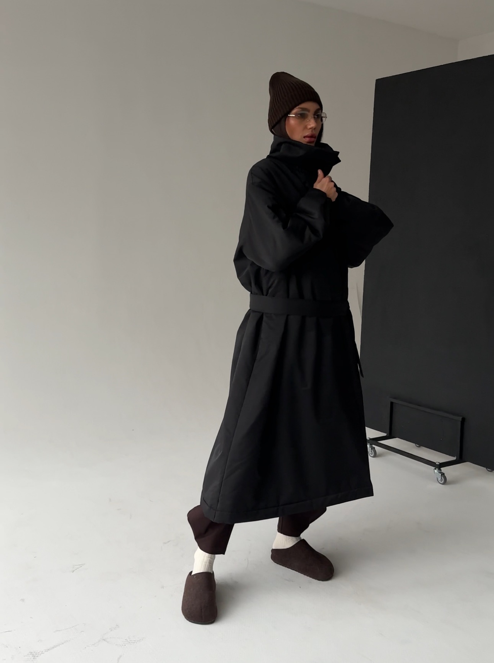 Плащ MAXI DOUBLE утепленный (черный/бежевый)