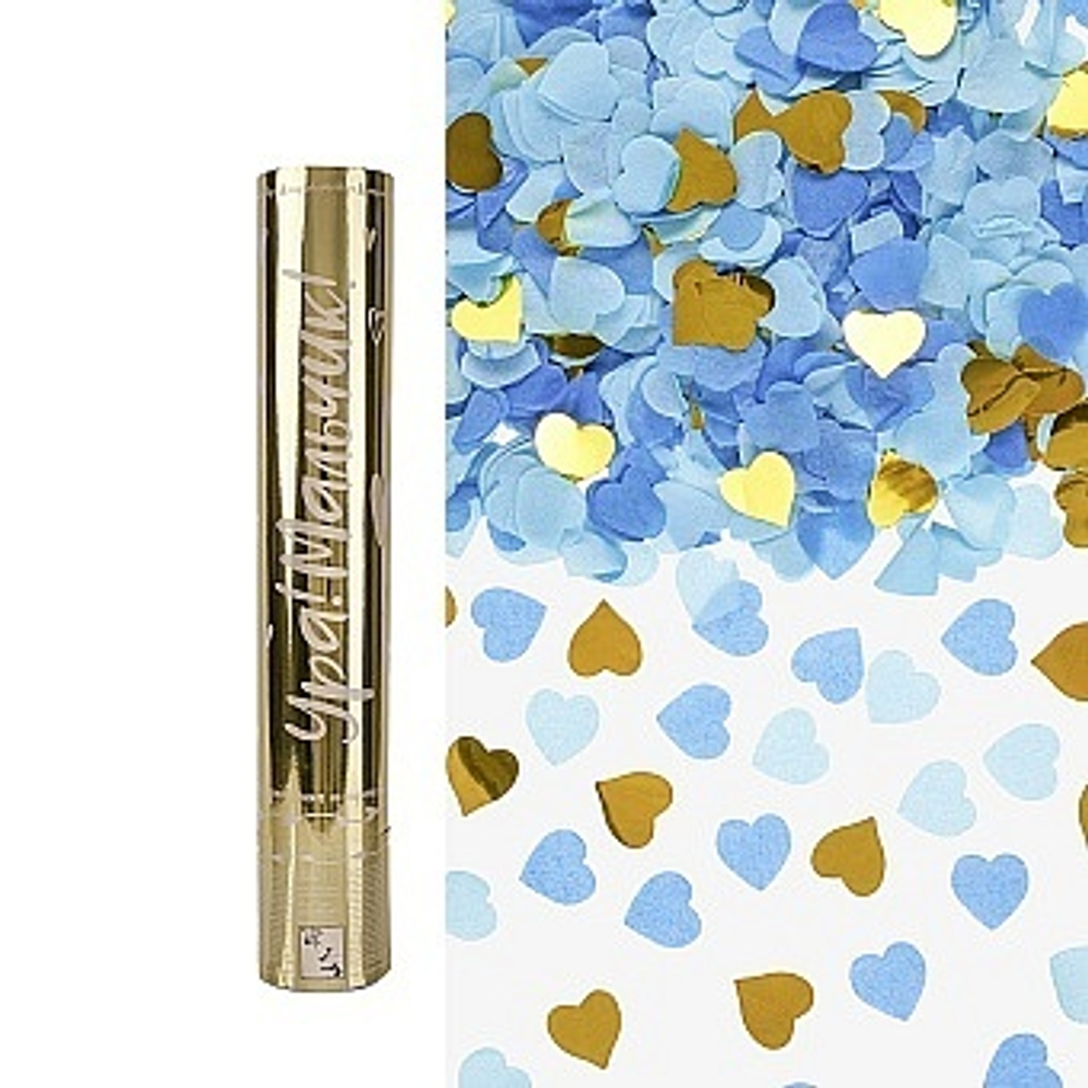 Пневмохлопушка (12/30 см), Гендер Пати, Ура, Мальчик!, Сердца фольга и тишью, Голубой/Золото.