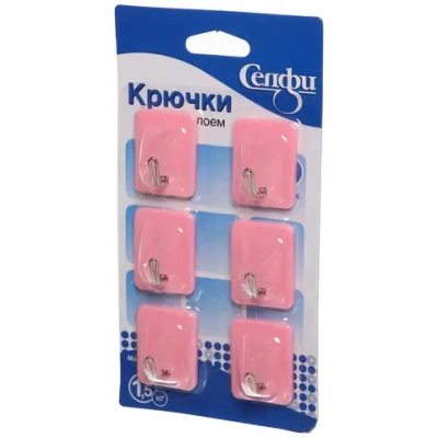 Крючки в наборе 6шт на липком слое «ИДЕЯДОМА», форма прямоугольник, цвет розовая пудра, нагрузка 1,5кг