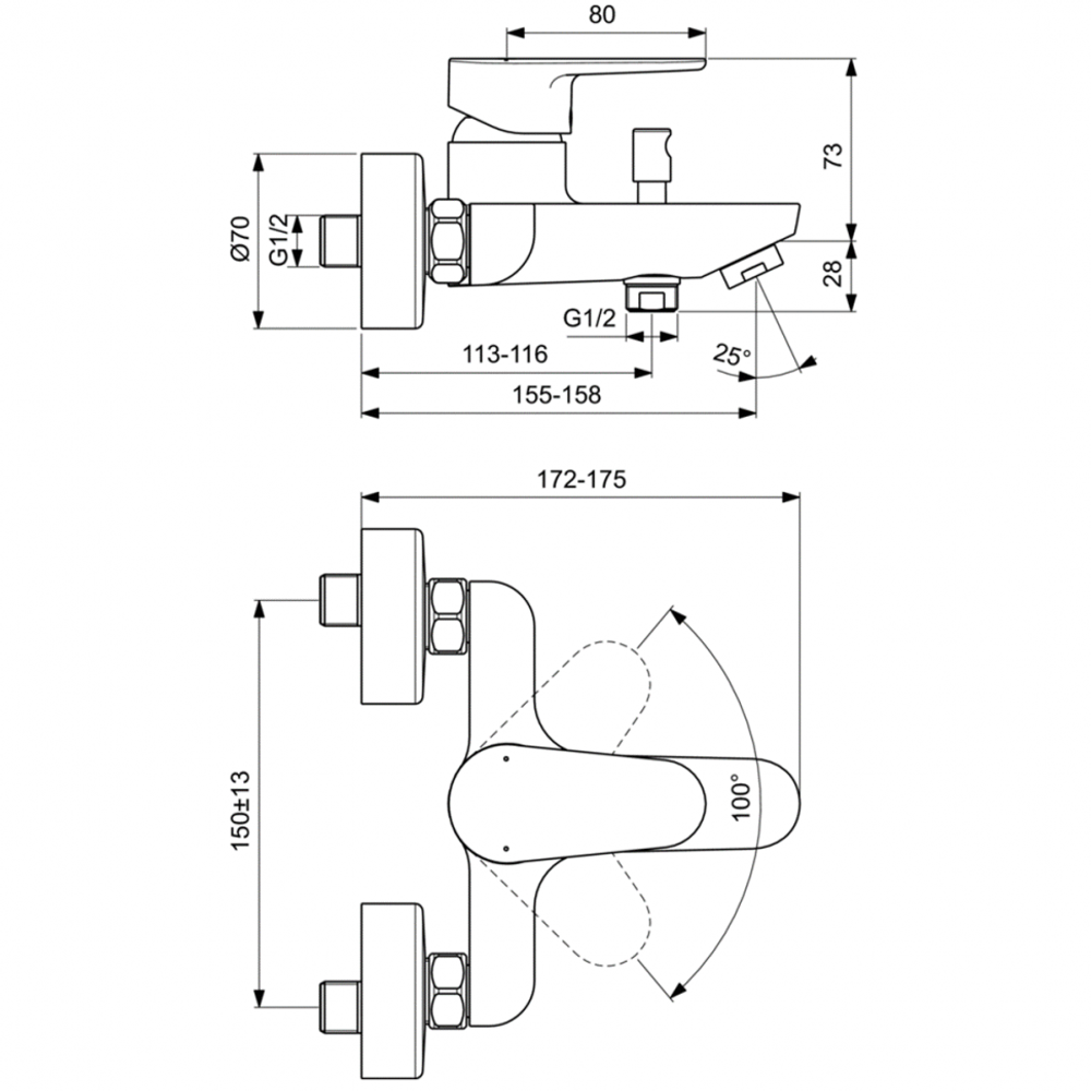 Настенный смеситель Ideal Standard CERAFINE MODEL O BC500AA для ванны/душа