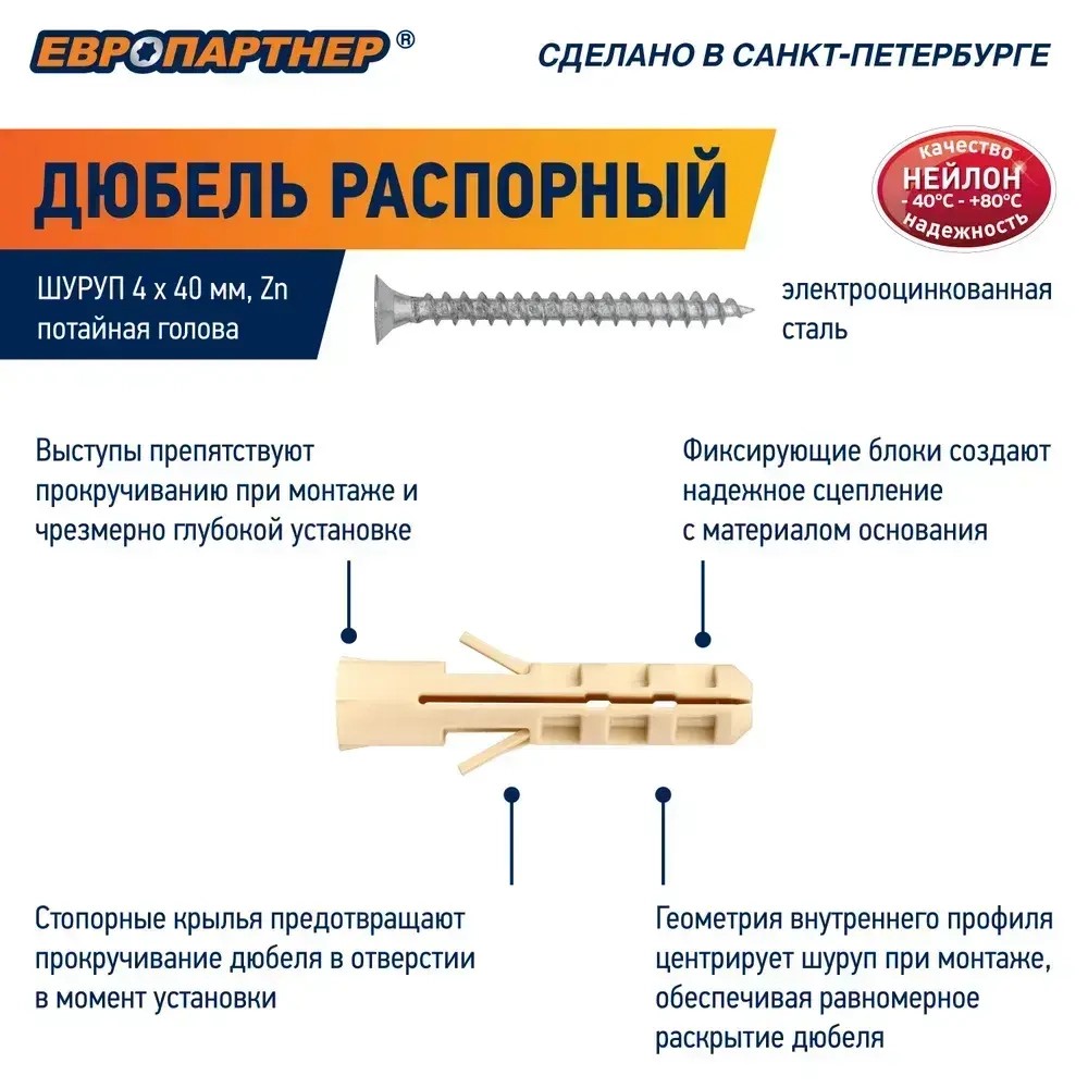 Дюбель распорный 4х20мм PND с шурупом 2,5х25мм, нейлоновый Европартнер (20 шт.)
