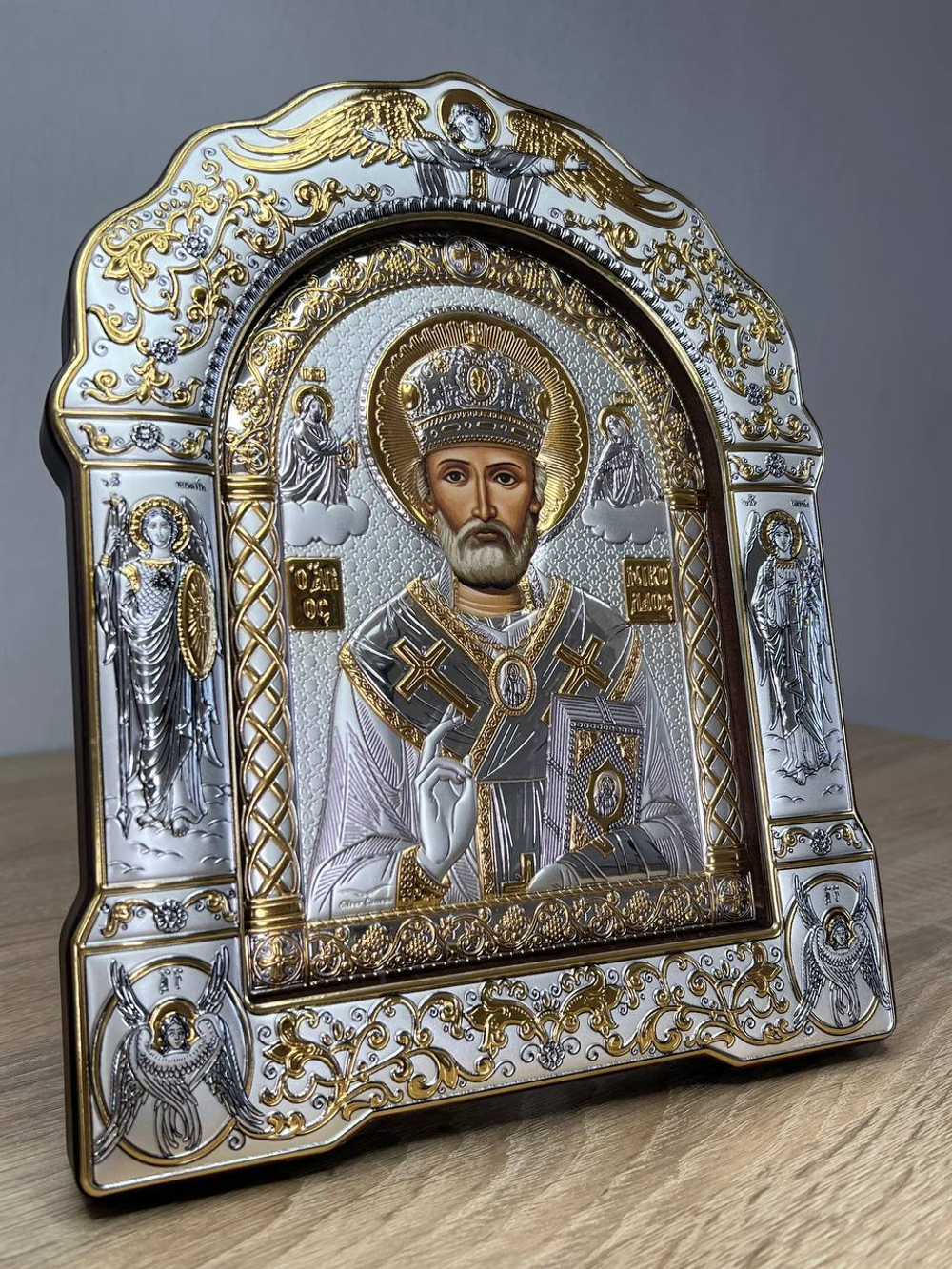 Николай Чудотворец, икона арочная с рамкой под стеклом, красное дерево 206х270