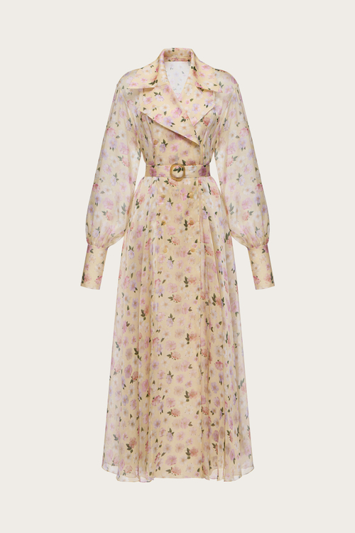 ПЛАТЬЕ-ХАЛАТ ИЗ ЖЕЛТОЙ ШЕЛКОВОЙ ОРГАНЗЫ С АВТОРСКИМ ПРИНТОМ