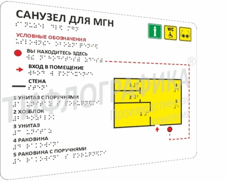 Тактильная мнемосхема санузла ПВХ 321х411х мм. Полноцветная