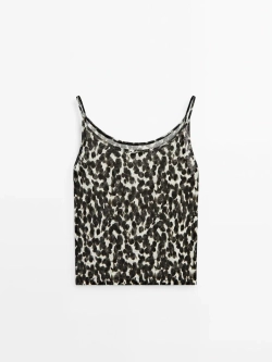 Massimo Dutti Льняной топ на бретелях с леопардовым принтом, разноцветный