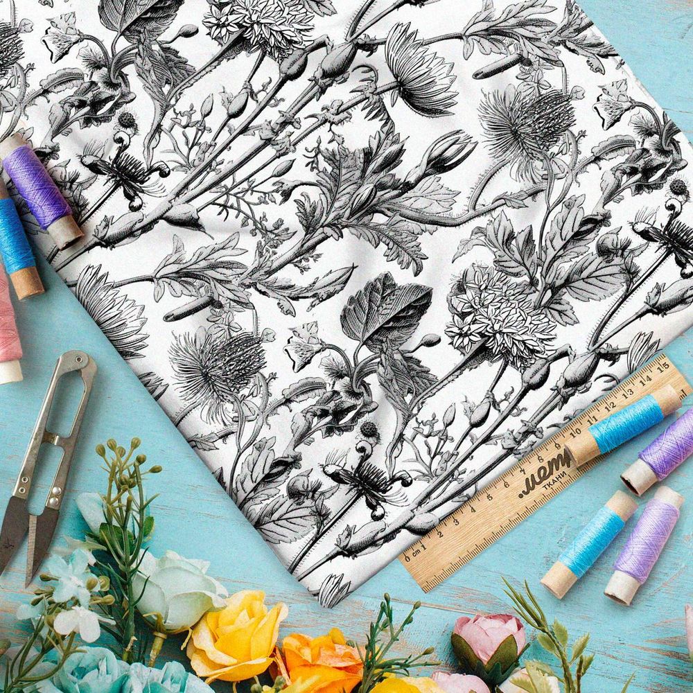 Ткань премиум интерлок графическая ботаника