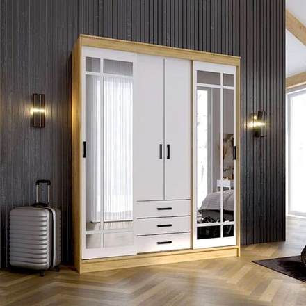 Шкаф-купе белый/дуб Вотан с зеркалом четырехдверный с ящиками