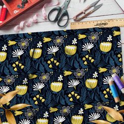 Ткань шелк Армани жёлтые цветы и листья на чёрном фоне