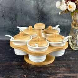 Lenardi 140-087 Набор из 5 банок 100 мл для специй с ложками на подставке BAMBOO в под.уп.(х12)Фарфор