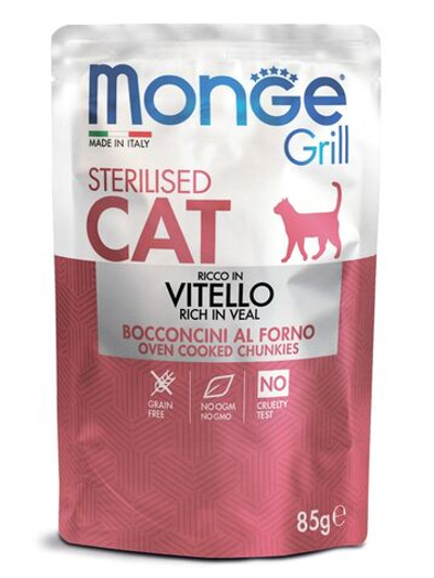 Корм для кошек Monge Cat Grill Pouch для стерилизованных кошек итальянская телятина пауч, 85г