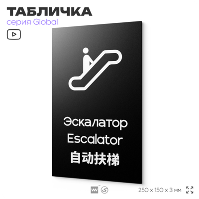 Табличка Эскалатор, на дверь и стену, информационная и мультиязычная (русский, английский, китайский), серия GLOBAL, 25х15 см, Айдентика Технолоджи