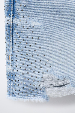 ZARA ДЖИНСОВЫЕ ШОРТЫ СО СТРАЗАМИ И РАЗРЕЗАМИ, СИНИЙ