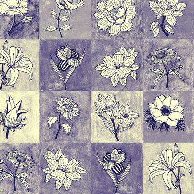 Seamless watercolor pattern of squares and flowers.